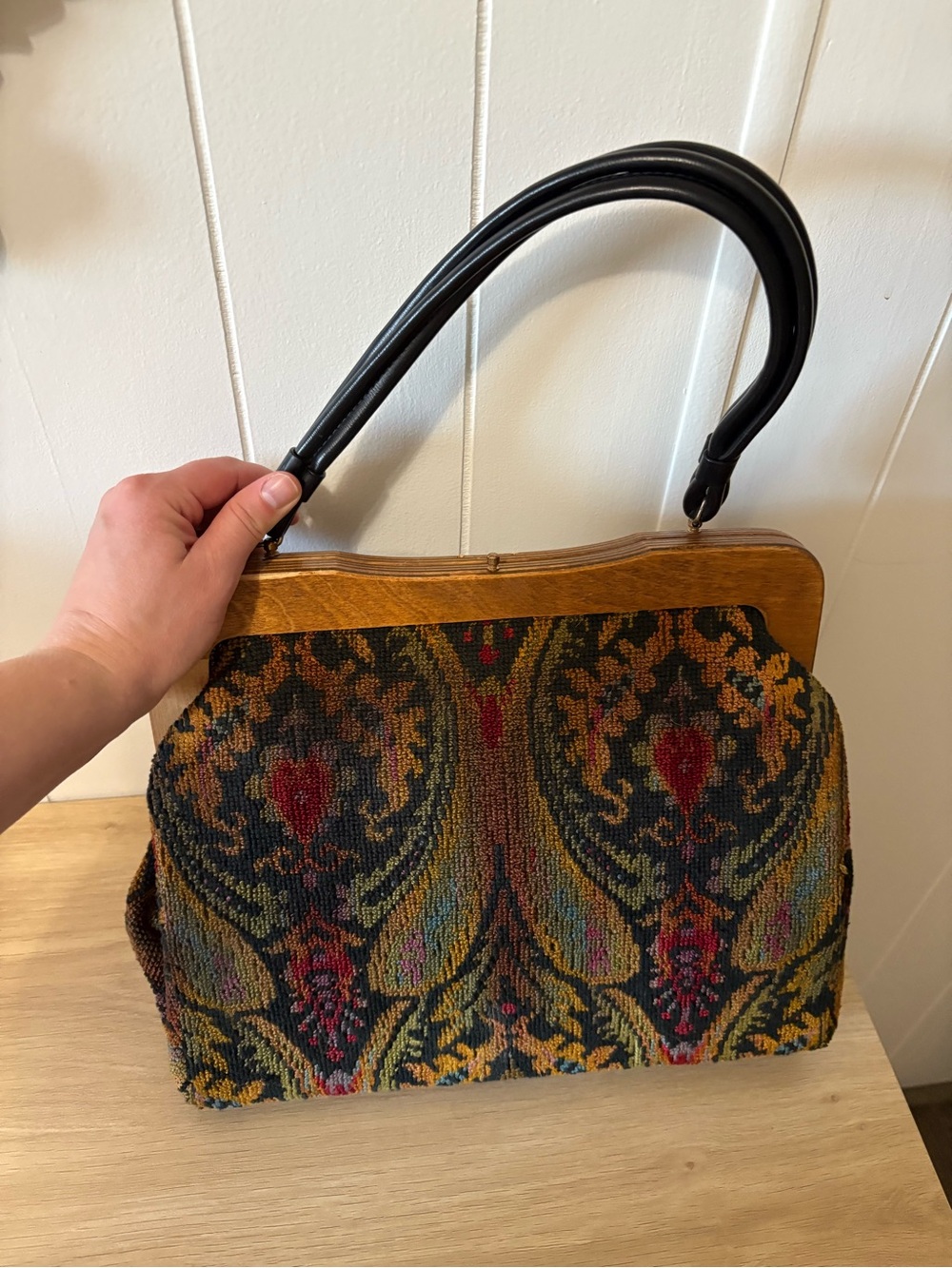 Vintage Multicolor Tapestry Handbag with Black Handles